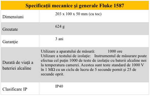 Fluke 1587 - Specificatii mecanice si gen