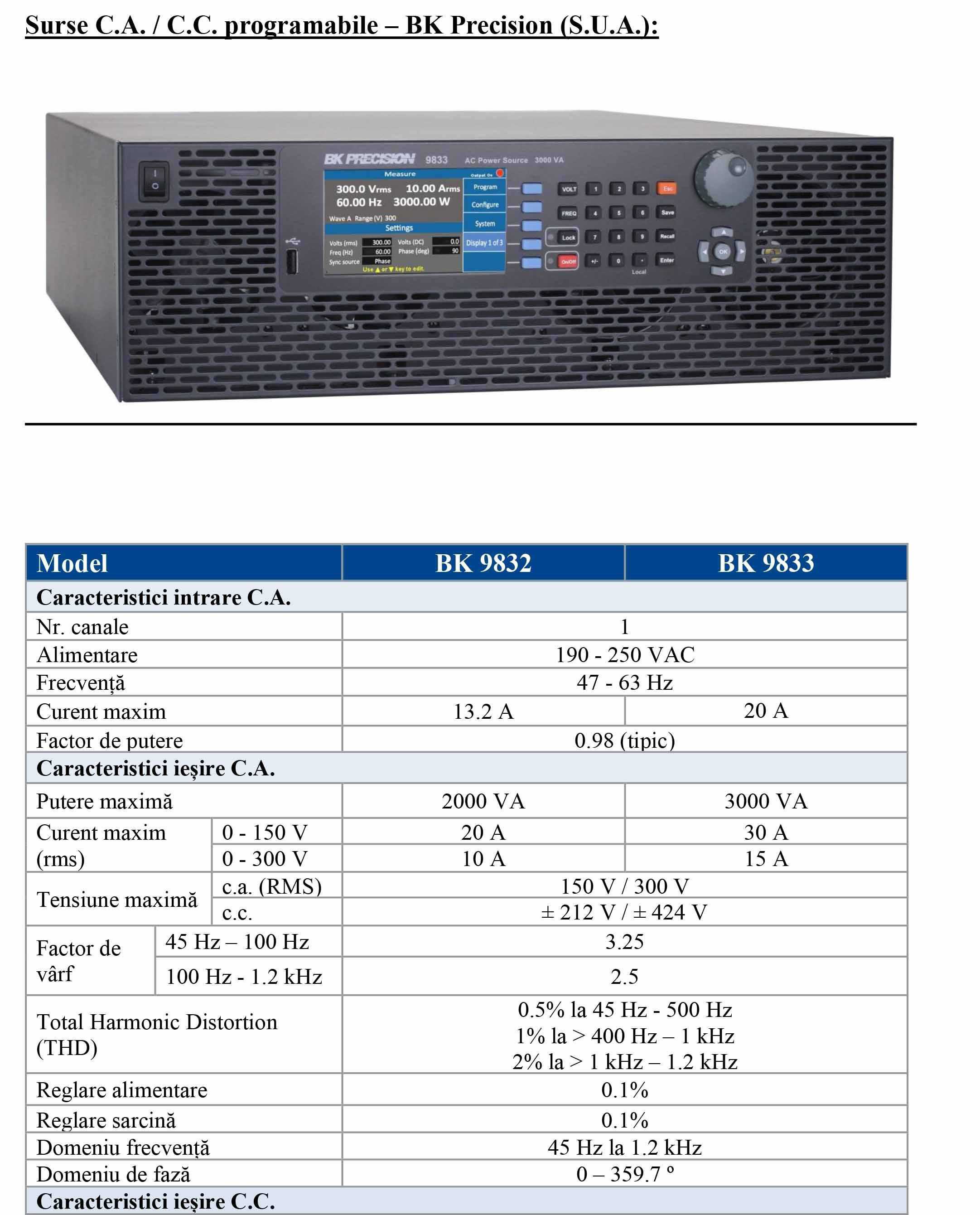 BK Precision BK983x Tabel tehnic comparativ 1