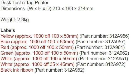 Seaward Desk Test n Tag Printer Technical Specifications