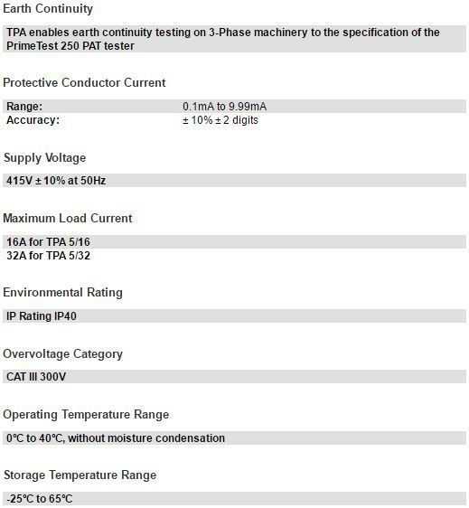 Seaward TPA Series 3-Phase Adaptor Technical Specification