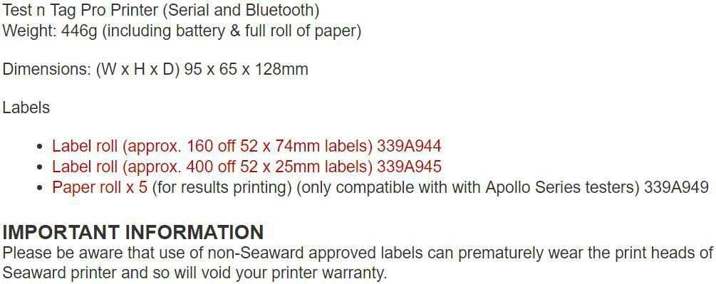 Seaward Test n Tag Pro Printer (Serial and Bluetooth) Technical Specification