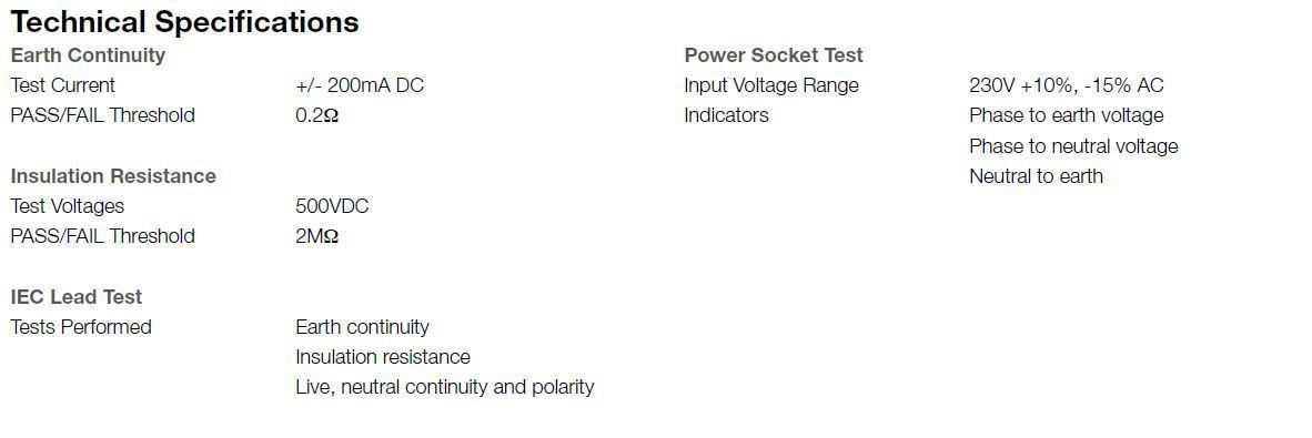 Seaward PrimeTest 50 PAT Testing Kit technical Secification tab.1