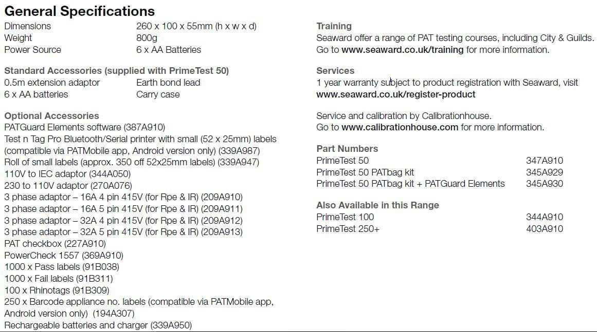 Seaward PrimeTest 50 PAT Testing Kit technical Secification tab.2