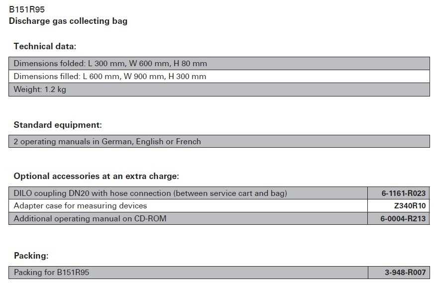 DILO Discharge gas collecting bag - Date tehnice