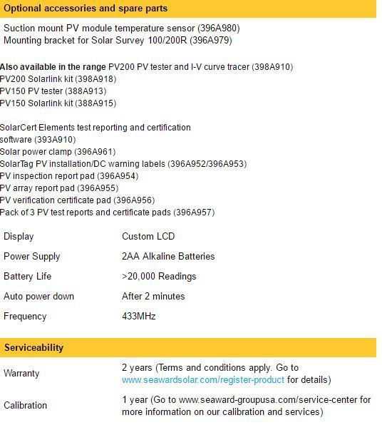 Seaward Solar Survey Multifunction Solar Irradiance Meters tech spec3