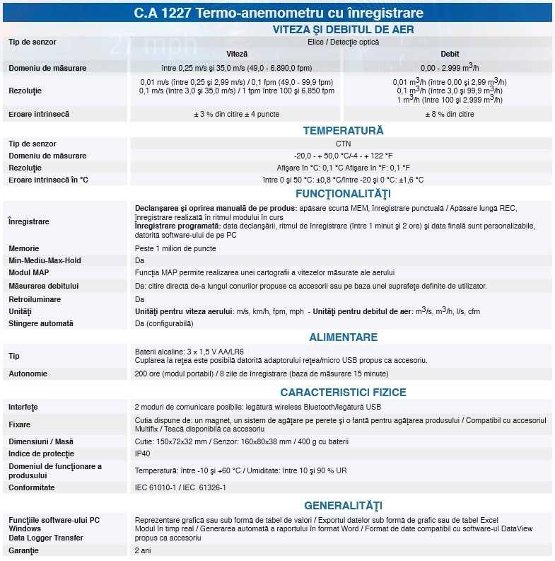 CA 1227 Termo-anomometru cu inregistrare - fisa tehnica