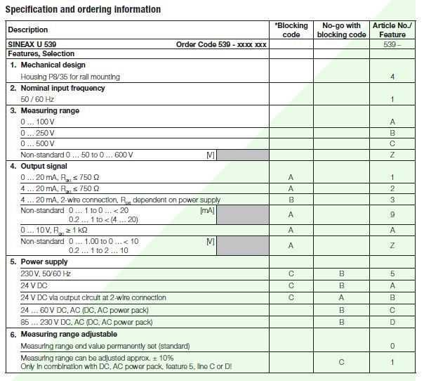 SINEAX U539_specs