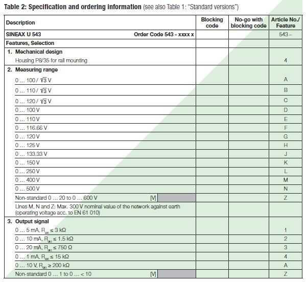 SINEAX U543_specs