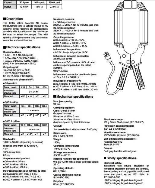 Cleste de curent D38N specificatii tehnice