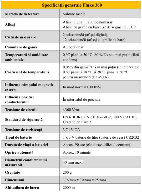 Fluke 360 - Specificatii gen