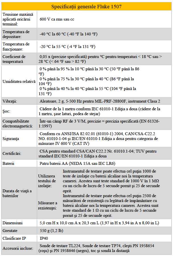 Fluke 1507 - Specificatii gen
