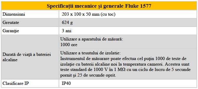 Fluke 1577 - Specificatii mecanice si gen