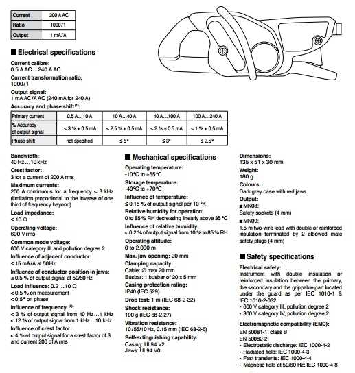 Cleste de curent MN09 specificatii tehnice