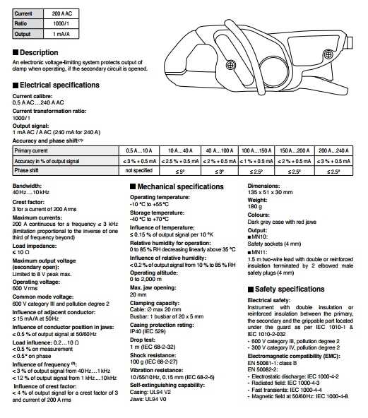 Cleste de curent MN11 specificatii tehnice