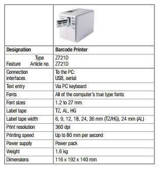 Z721D Barcode printer_Tech Data