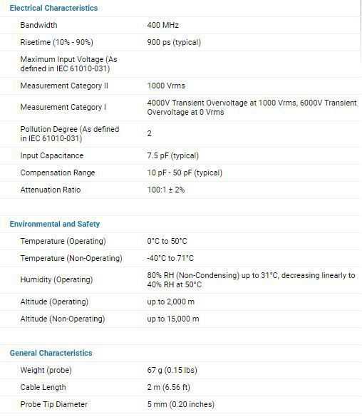 Sonda Pasiva de Inalta Tensiune HVP120  400 MHz, 1kV Vrms - Specificatii Tehnice